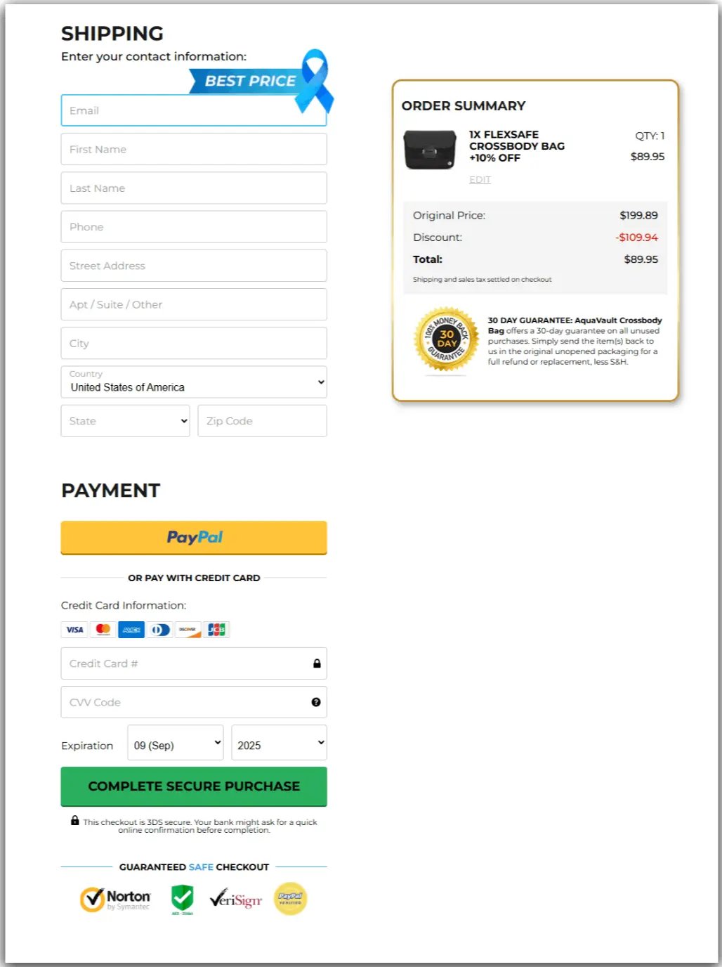FlexSafe secure checkout page